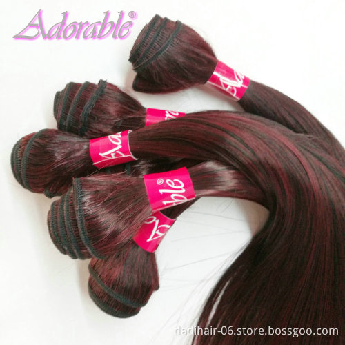 wholesale silk straight ombre two tone color hair weaving,double sewing heat resistant fiber red synthetic hair bundles T1bbug